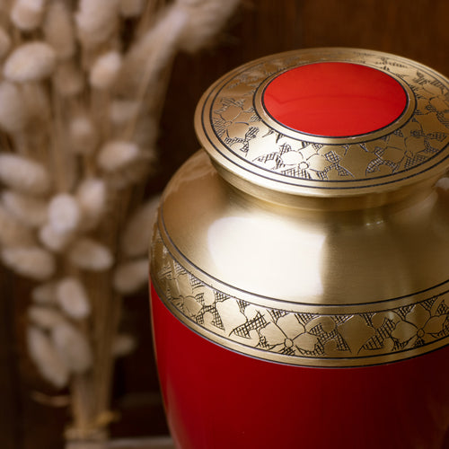 Cherry Red Filigree Brass Cremation Urn