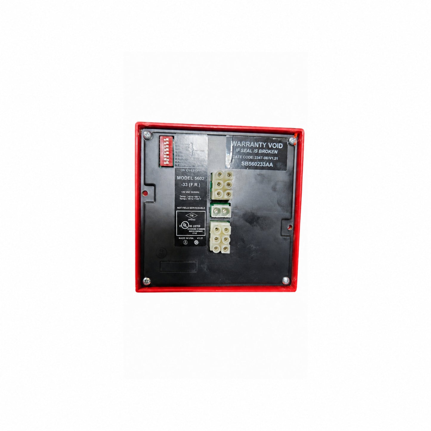 Fireye SB560233AA flame controller, back label — Model 5602-33 (F.R.)