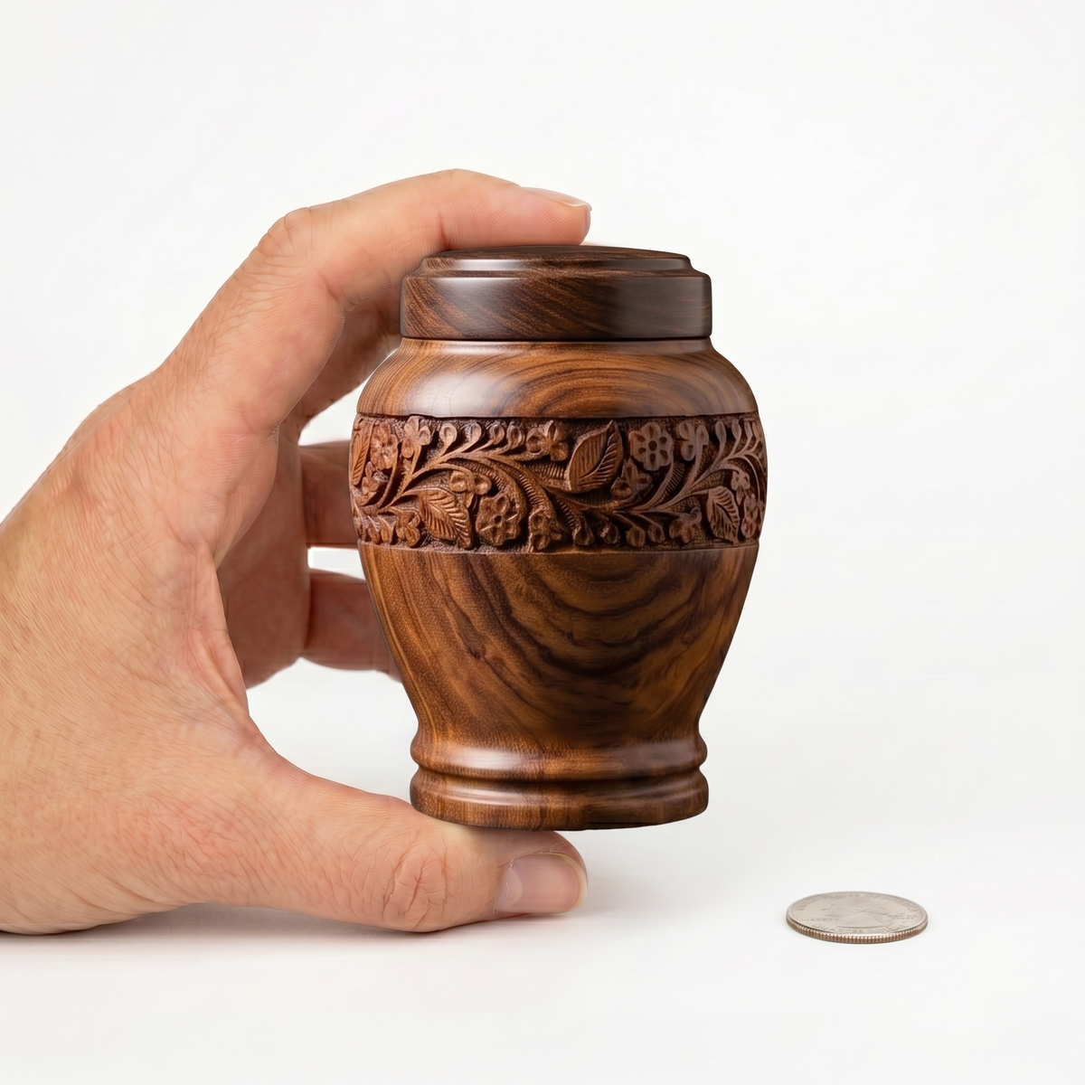 Anish cremation urn, MINI size scale view
