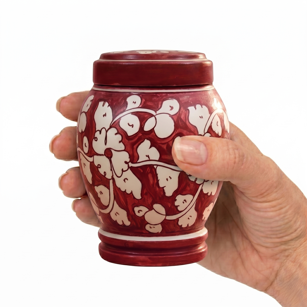 Cherry cremation urn, MINI+ size scale view