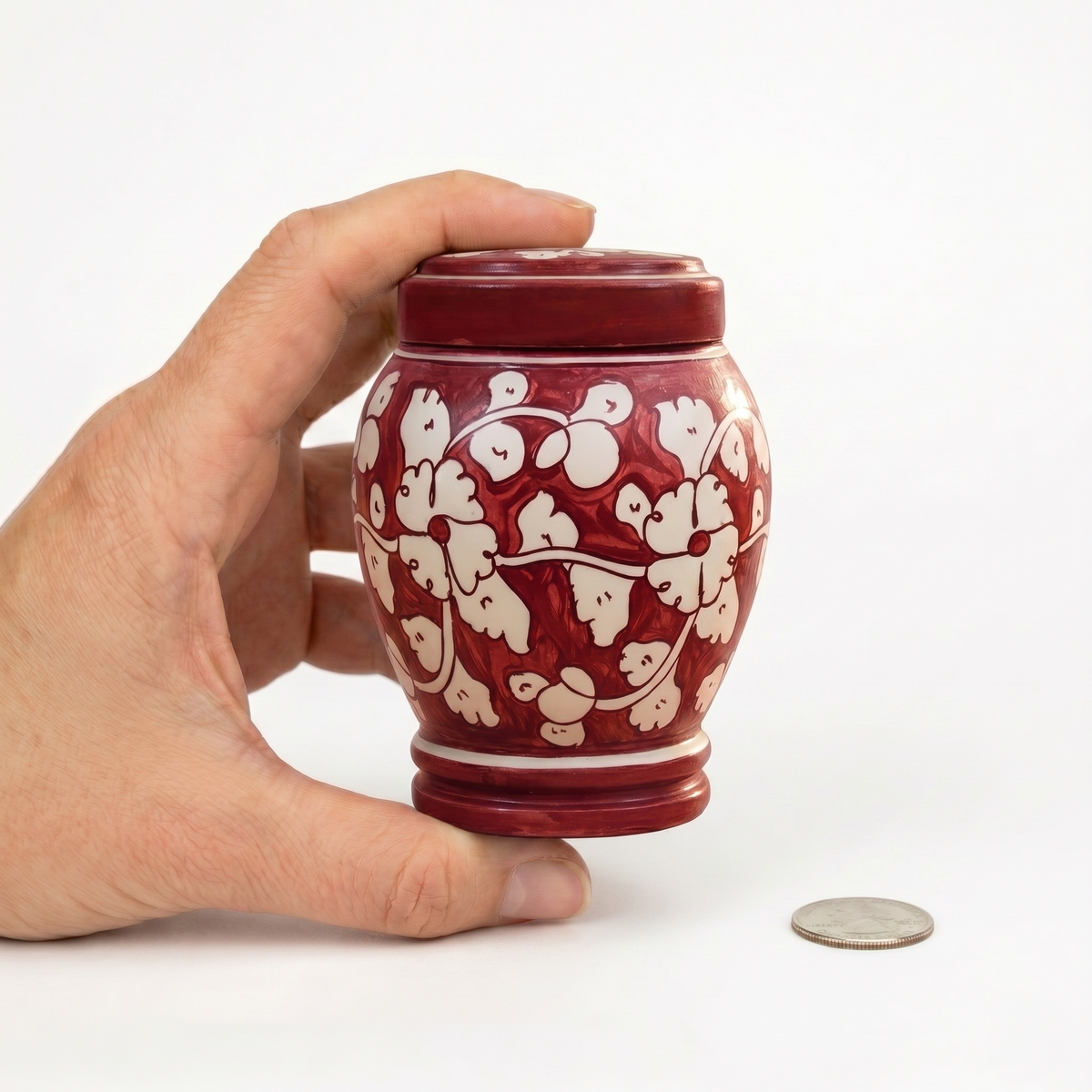 Cherry cremation urn, MINI size scale view