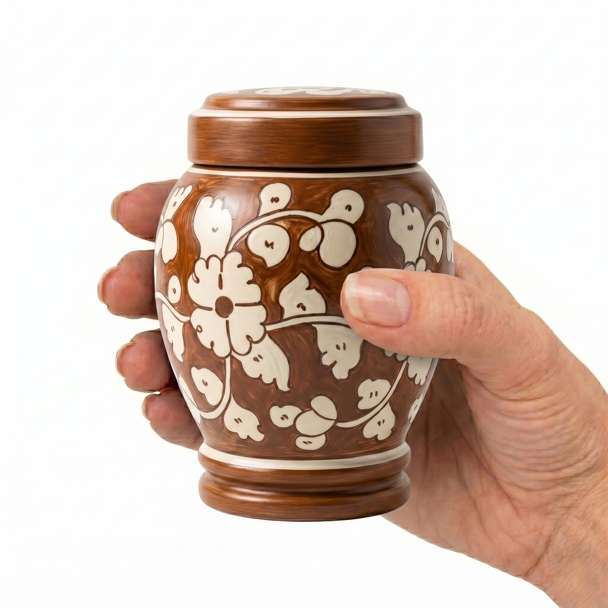 Elm cremation urn, MINI+ size scale view
