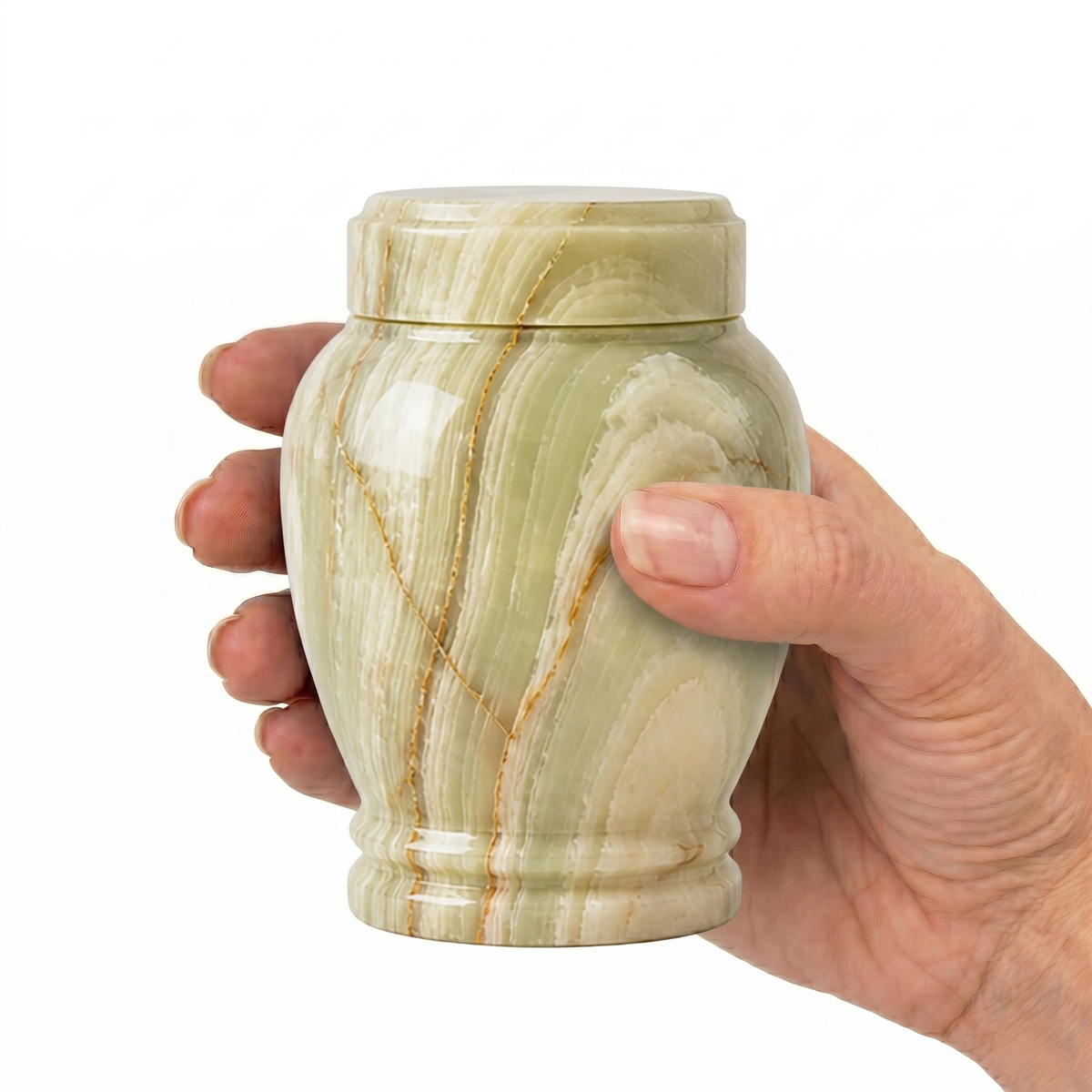 Grün cremation urn, MINI+ size scale view