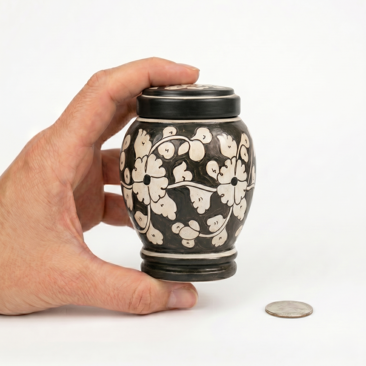 Raven cremation urn, MINI size scale view