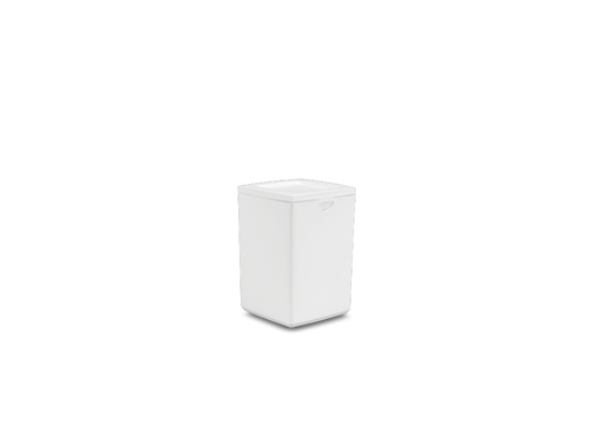 Small white Starmark Sure~Lock temporary urn with the lid closed.