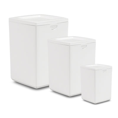 child white plastic temporary cremation urn shown with the three available sizes